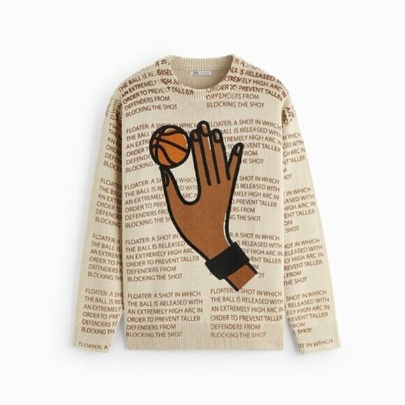 Zara Basketball Graphic Sweater Crewneck Long Sleeves Cotton Tan Streetwear L - Picture 1 of 14